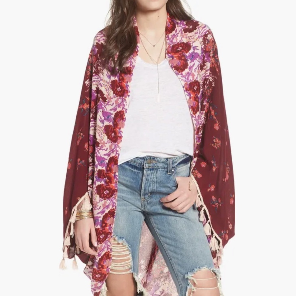 Free People Floral Kimono Wrap Robe - Red and Purple. One size .